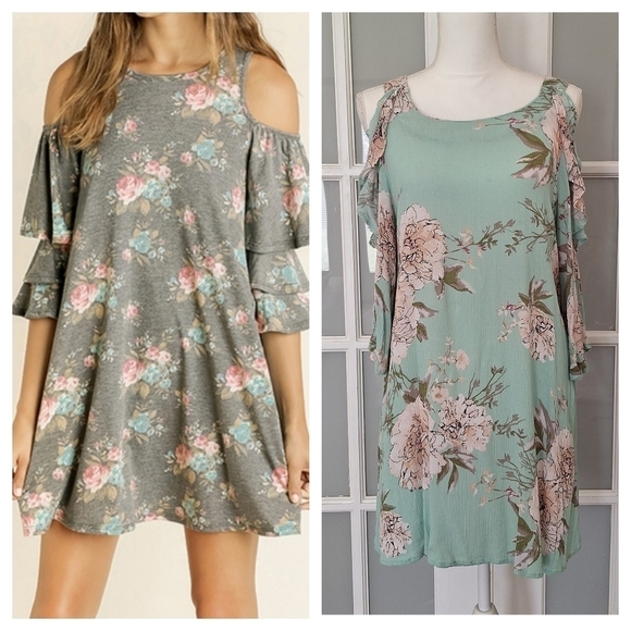 Blu Heaven Mint Green Floral Ruffle Cold-Shoulder Dress - Picture 1 of 14